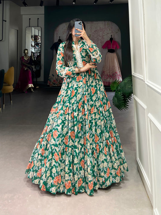 Green Color Floral Printed Georgette Long Dress