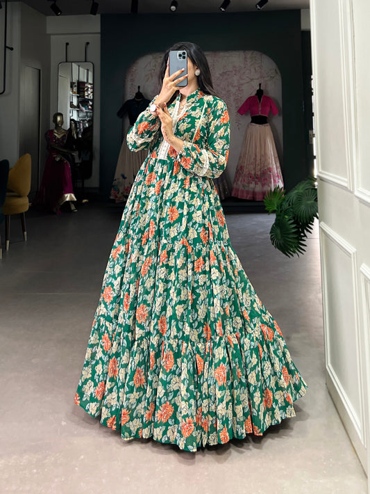 Green Color Floral Printed Georgette Long Dress