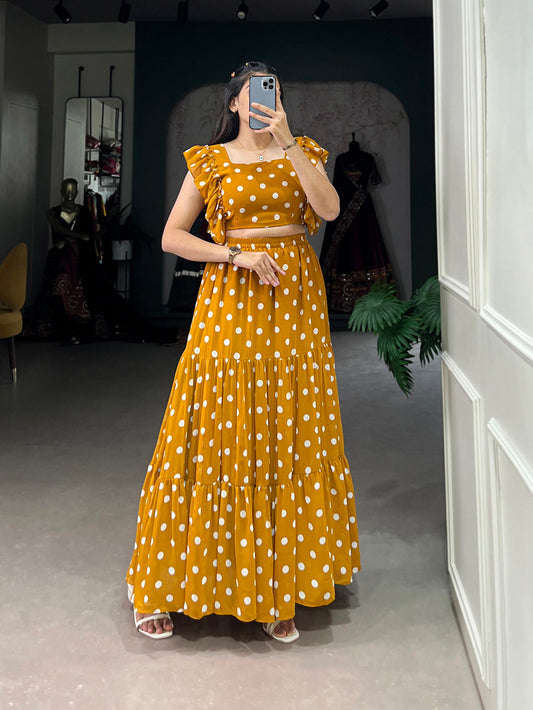 Mustard Color Polka Dot Print Georgette Co-ord Set Festive Wear