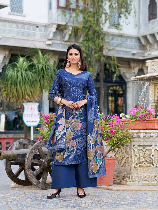 Navy Blue Color Floral Print With Beets Handwork Roman Silk Salwar Suit