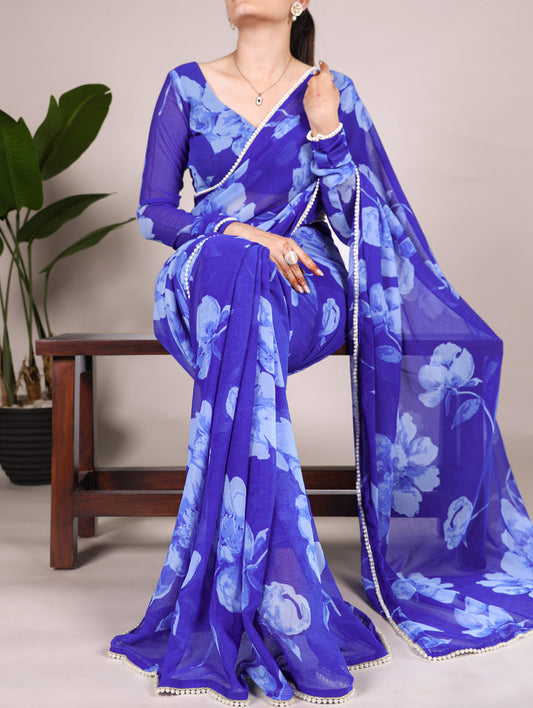 Blue Color Floral Printed Pearl Lace Border Chiffon Saree