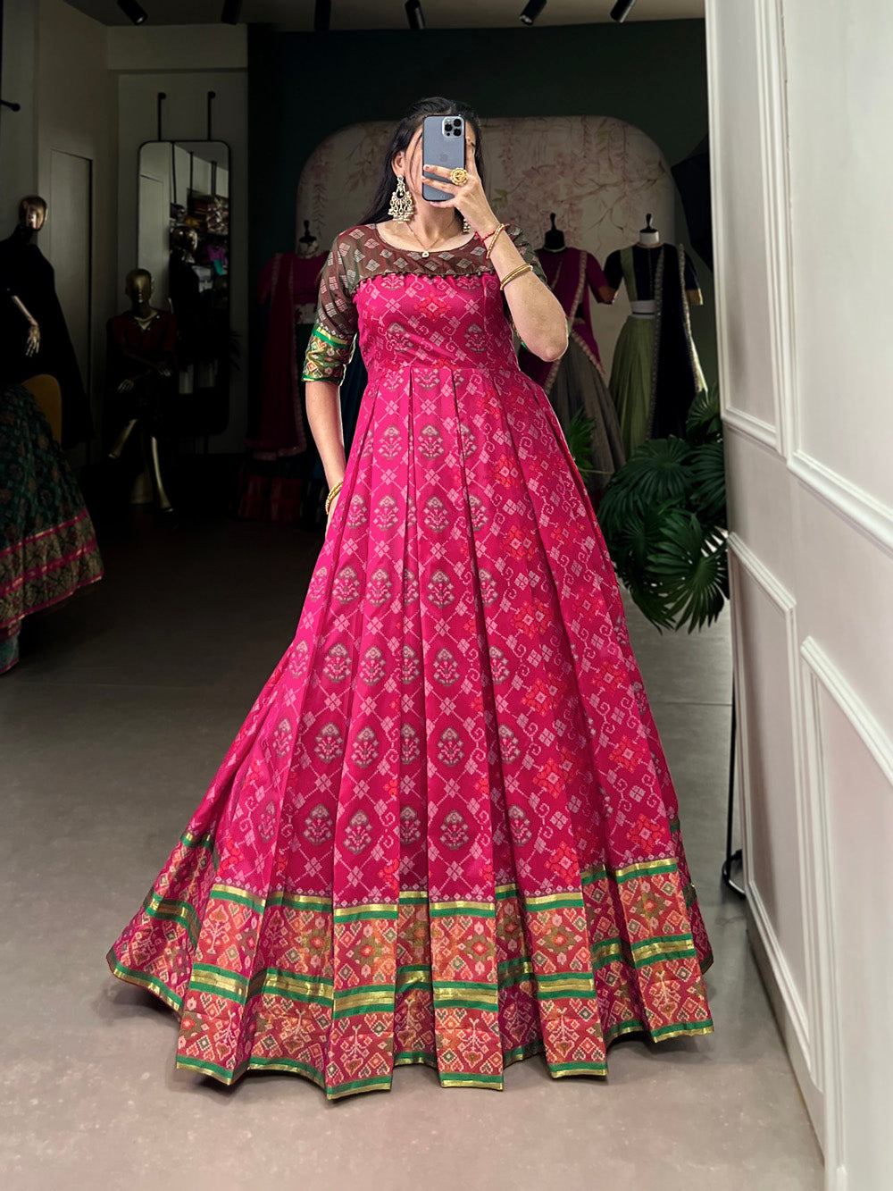 Pink  Color Jacquard Silk Patola Print With Zari Weaving Work Gown