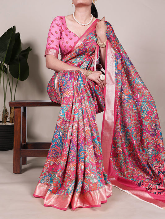 Pink Color Printed Tussar Silk With Viscose Border Saree