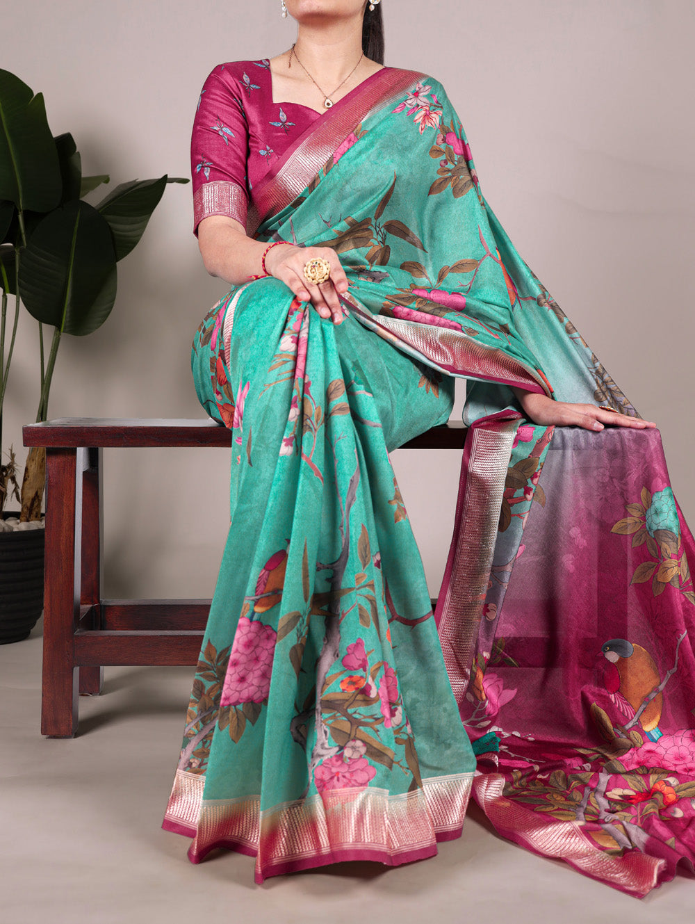 Green Color Tussar Silk With Viscos Border Floral Printed Saree