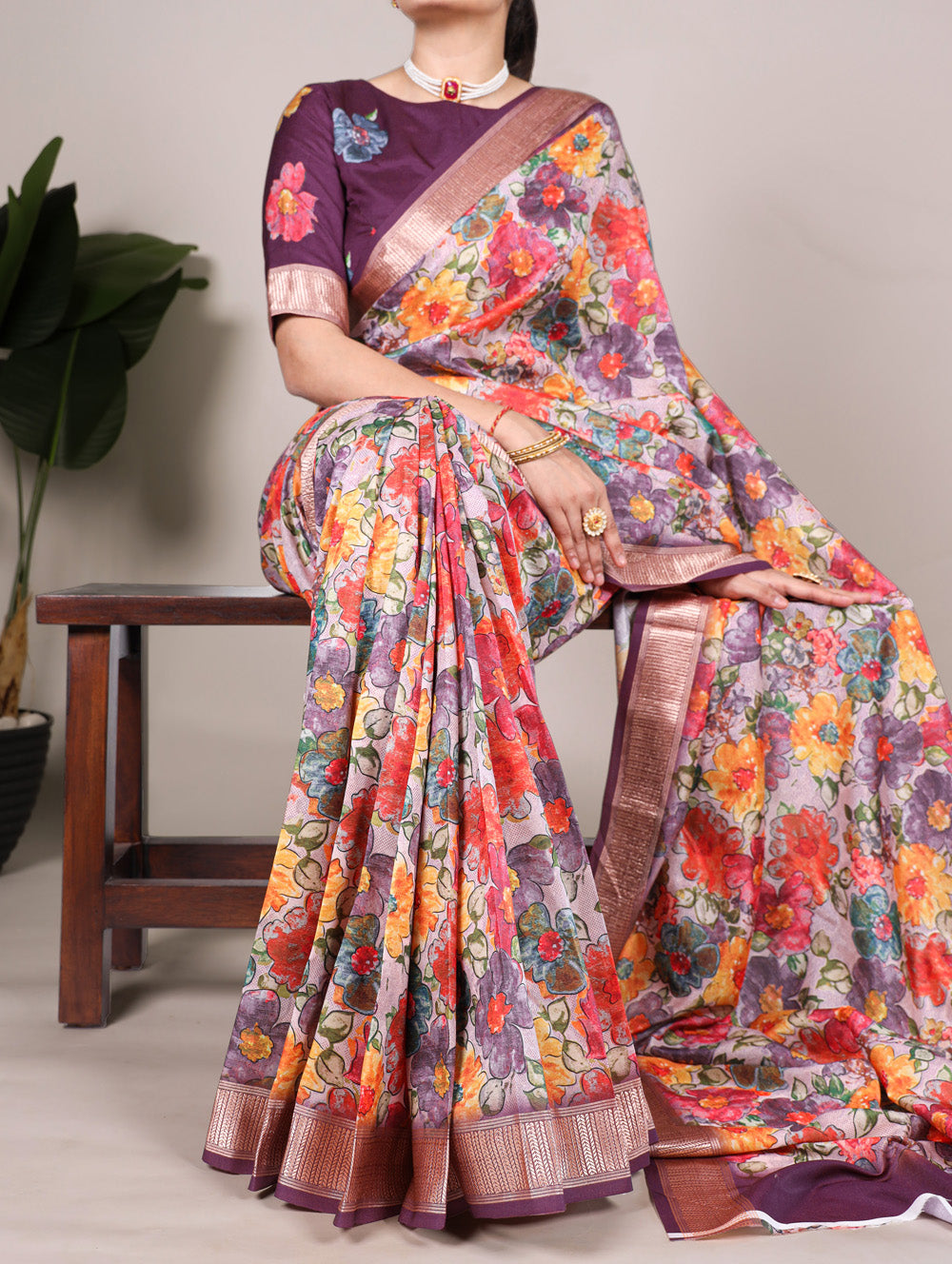 Wine Color Floral Printed Tussar Silk With Viscos Border Saree