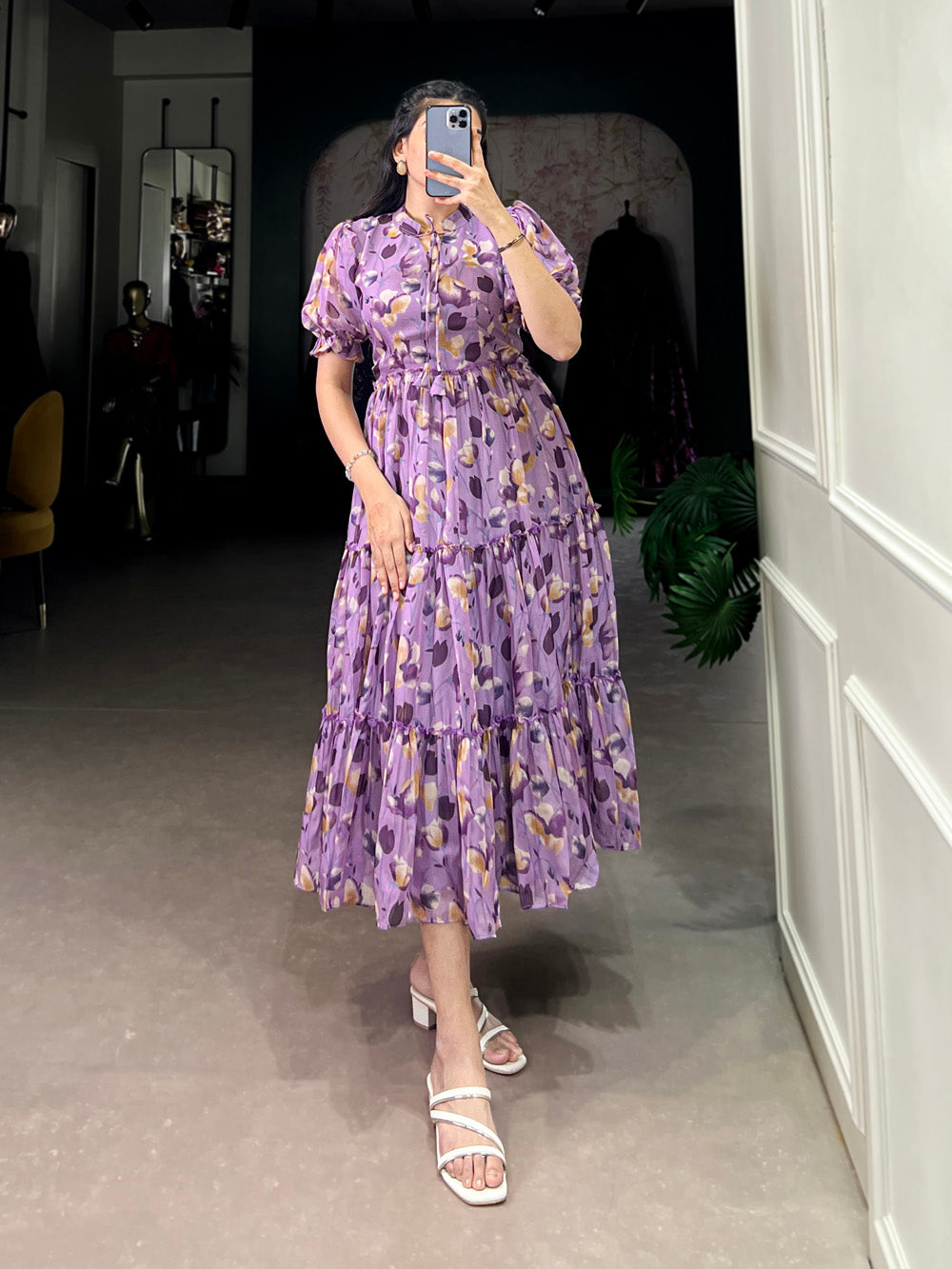 Purple Color Printed With Tabby Silk Long Frock