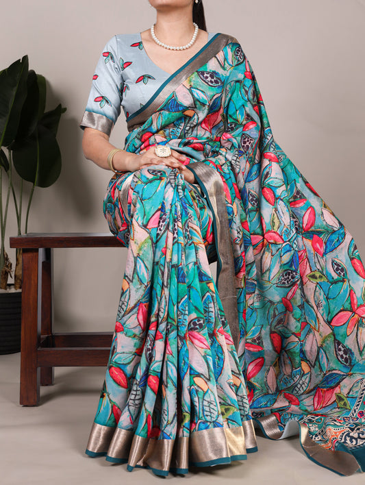 Teal Color Printed Tussar Silk With Viscose Border Saree