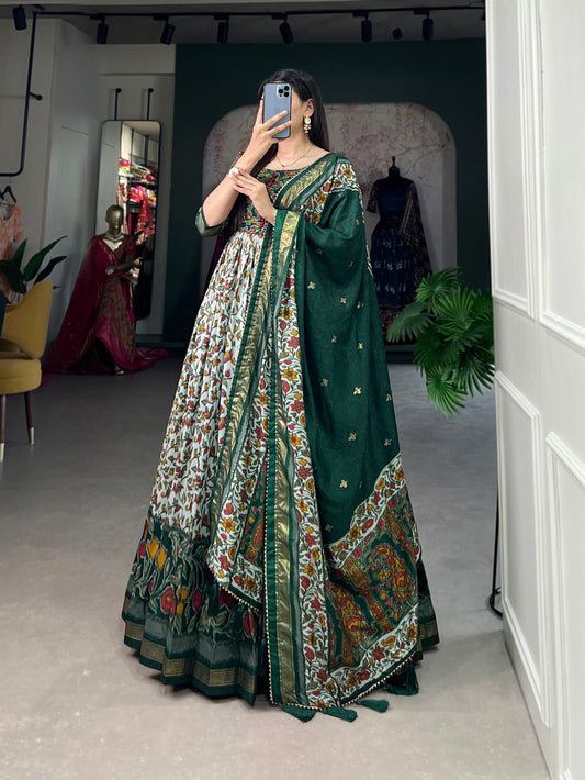Green Color Print With Foil Work Tussar Silk Dress