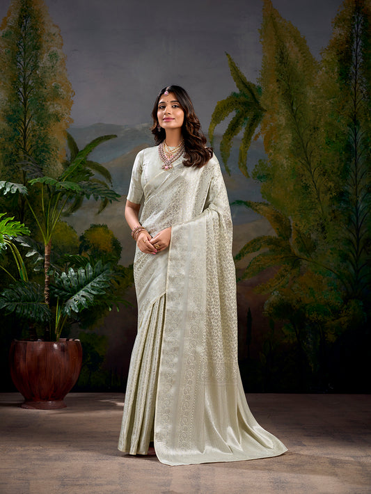 Off White Color Zari Weaving Work With Kanjivaram Saree