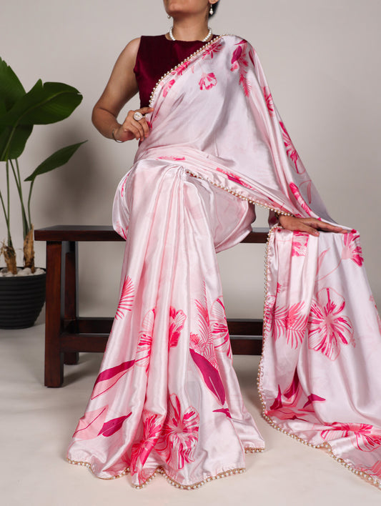 Light Pink Color Floral Print With Peral Lace Border Satin Silk Saree