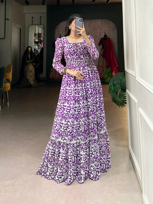 Purple Color Printed Georgette Long Dress