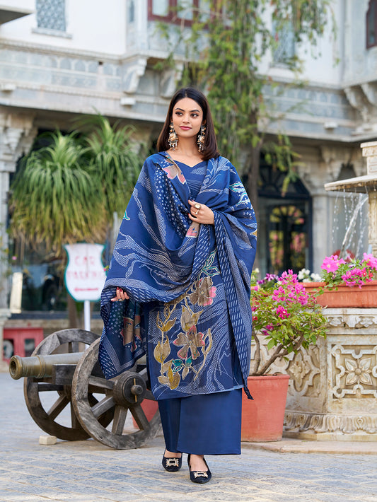 Navy Blue Color Floral Print With Beets Handwork Roman Silk Salwar Suit