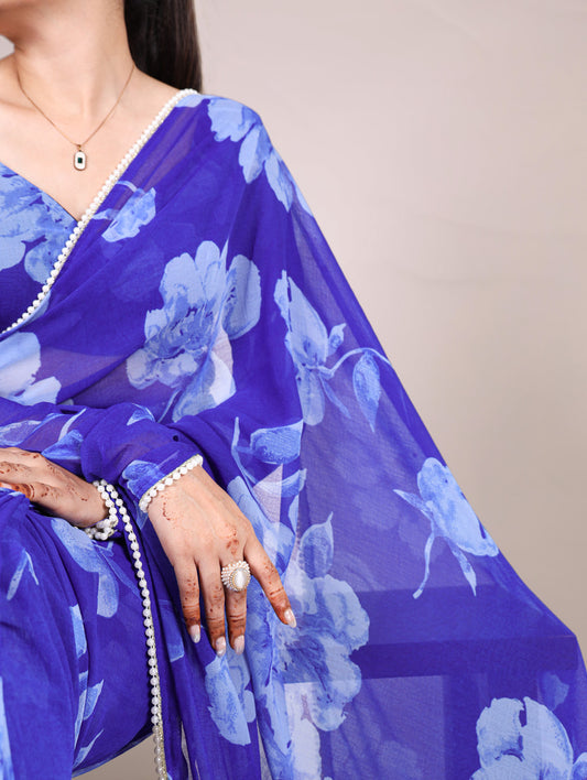 Blue Color Floral Printed Pearl Lace Border Chiffon Saree