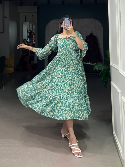 Green Color Printed Georgette Dress