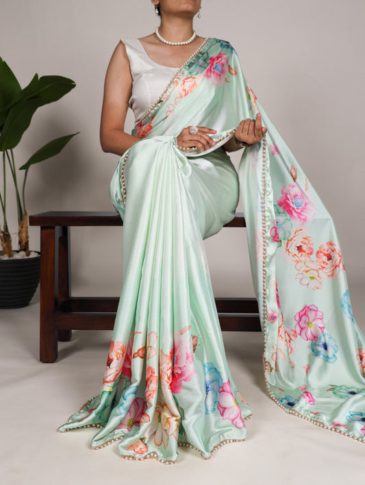 Pista Color Floral Print With Peral Lace Border Satin Silk Indian Saree