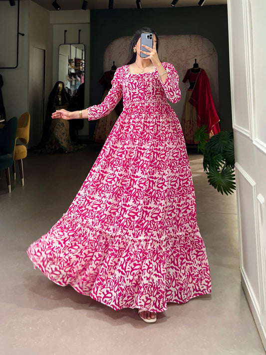 Pink Color Printed Georgette Long Dress