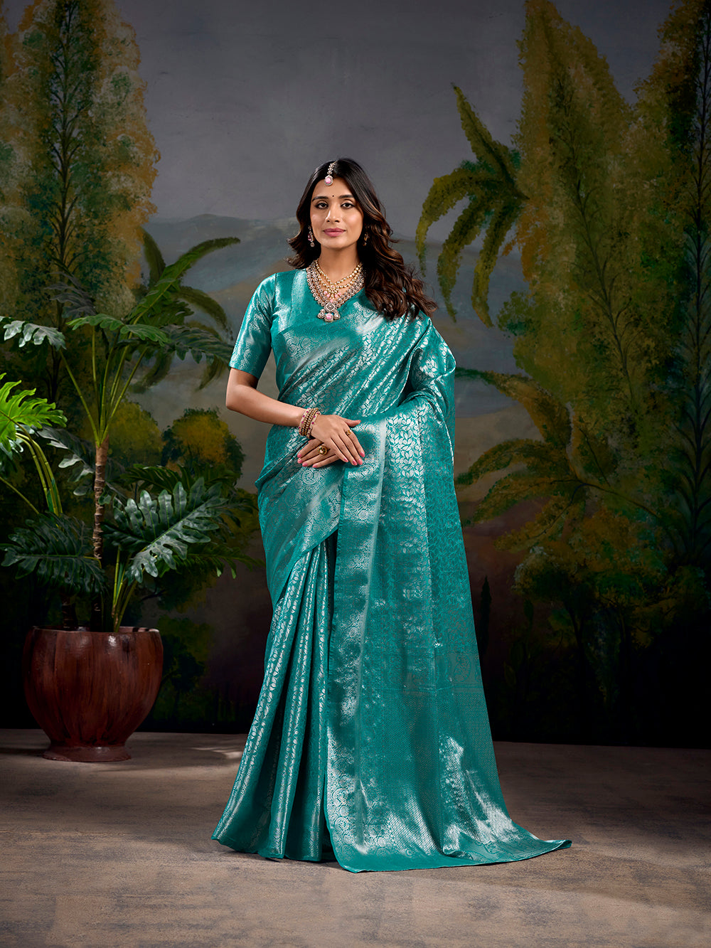 Firozi Color Zari Weaving Work With Kanjivaram Saree