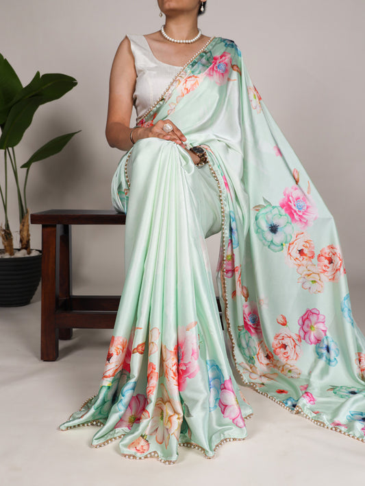 Pista Color Floral Print With Peral Lace Border Satin Silk Indian Saree