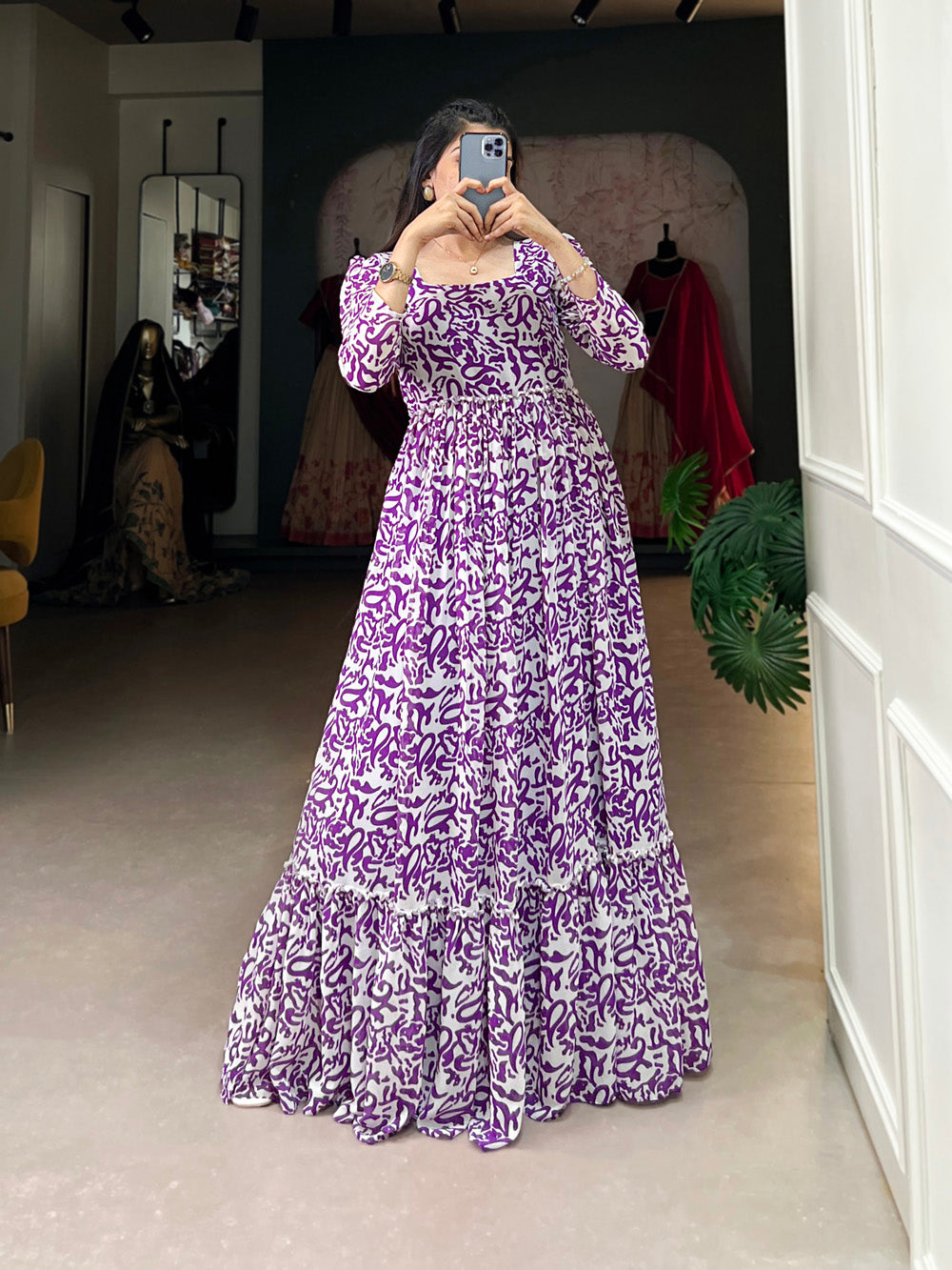 Purple Color Printed Georgette Long Dress