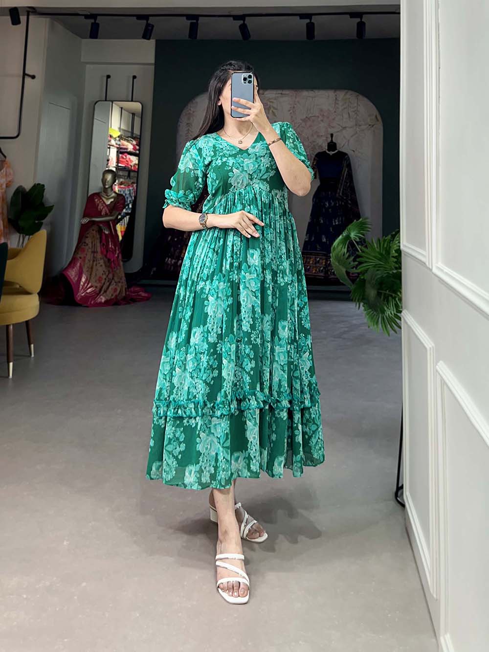 Green Color Floral Print Georgette Stylist Dress