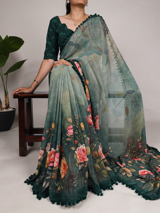 Green Color Floral Print With Georgette Saree