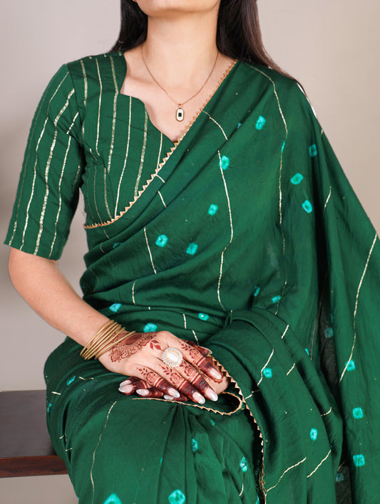 Green Color Sequins With Zari Line Viscose Chanderi Saree