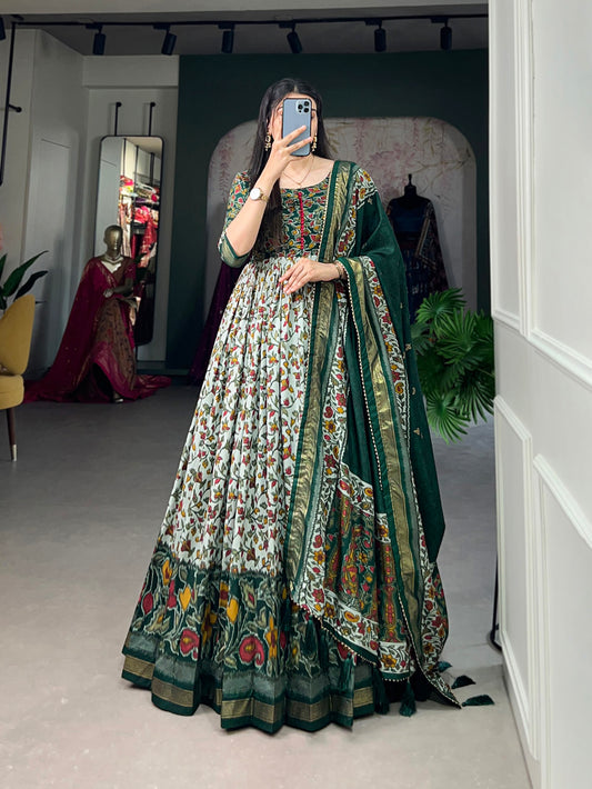 Green Color Print With Foil Work Tussar Silk Dress