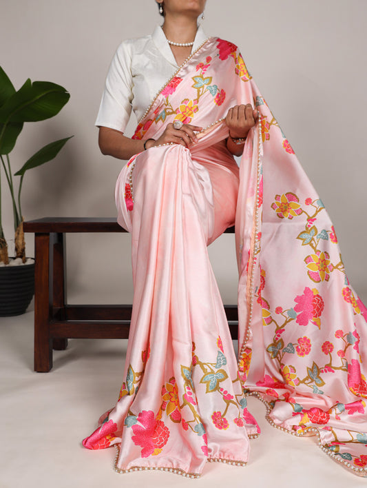 Peach Color Floral Print With Peral Lace Border Satin Silk Saree