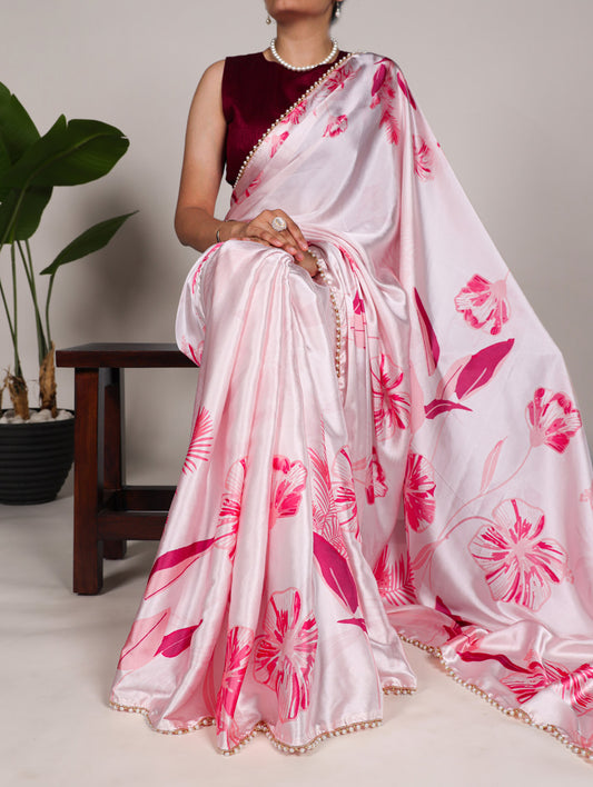 Light Pink Color Floral Print With Peral Lace Border Satin Silk Saree