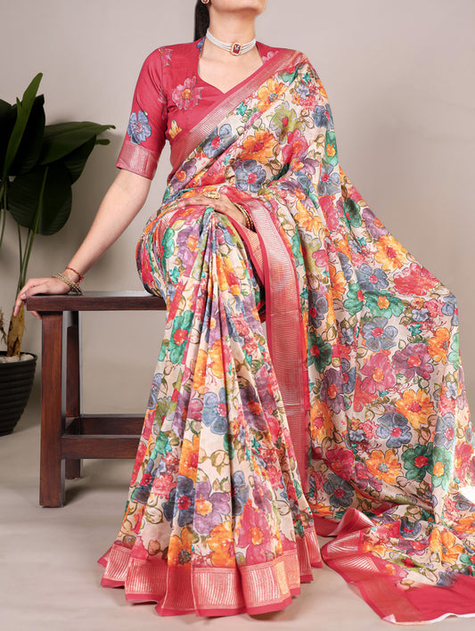 Pink Color Floral Printed Tussar Silk With Viscos Border Saree