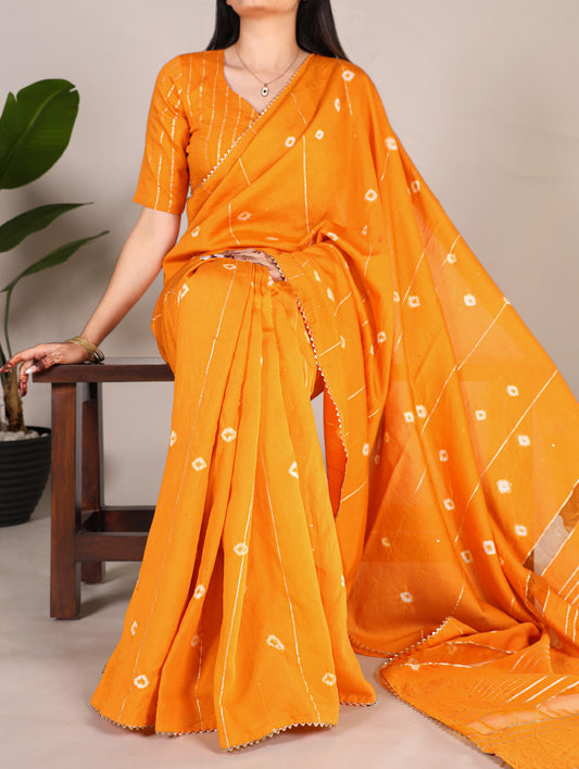 Mustard Color Sequins With Zari Line Viscose Chanderi Saree