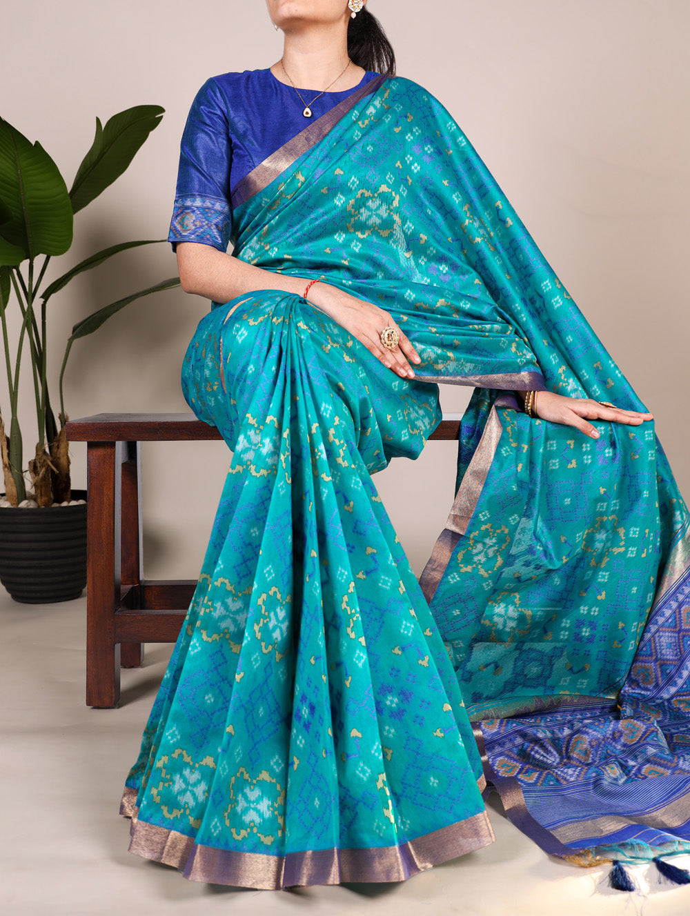 Firozi Color Patola Print With Zari Weaving Work Jacquard Silk Saree