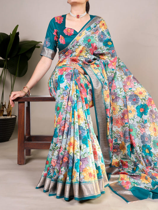 Teal Color Floral Printed Tussar Silk With Viscos Border Saree