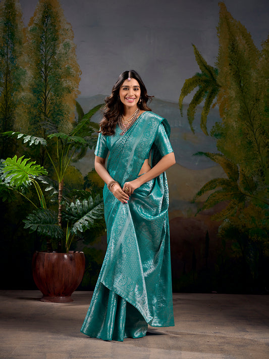 Firozi Color Zari Weaving Work With Kanjivaram Saree