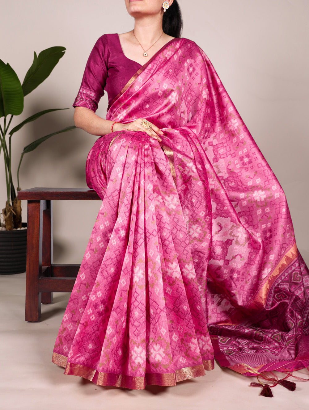 Pink Color Patola Print With Zari Weaving Work Jacquard Silk Saree