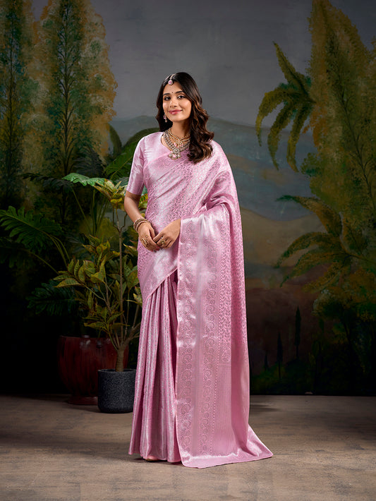 Baby Pink Color Zari Weaving Work With Kanjivaram Saree