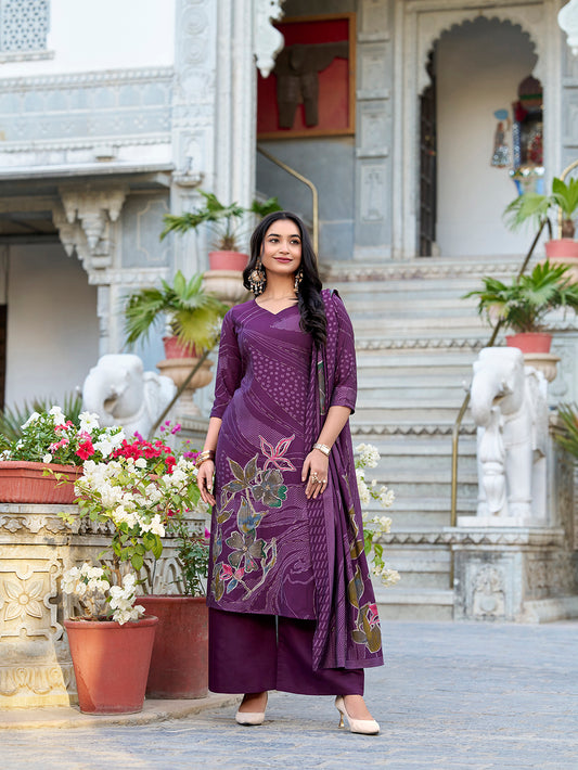 Wine Color Floral Print With Beets Handwork Roman Silk Salwar Suit