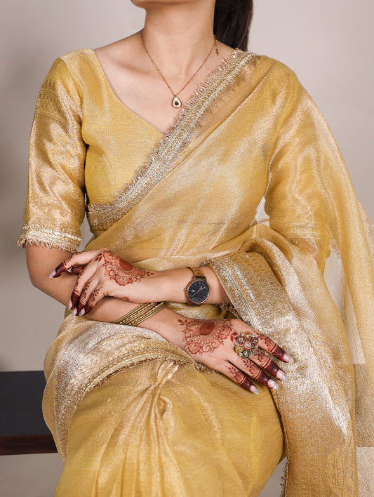 Gold Color Zari Weaving Work With Sequins Border Tissue Shimmer Saree