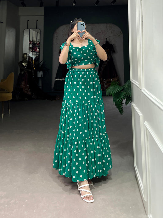 Green Color Polka Dot Print Georgette Co-ord Set