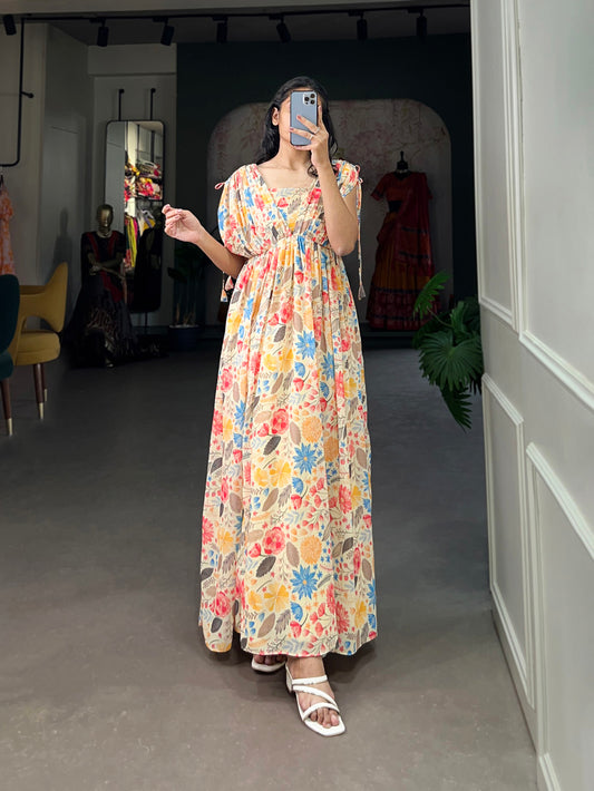 Multi Color Floral Printed Georgette Long Dress