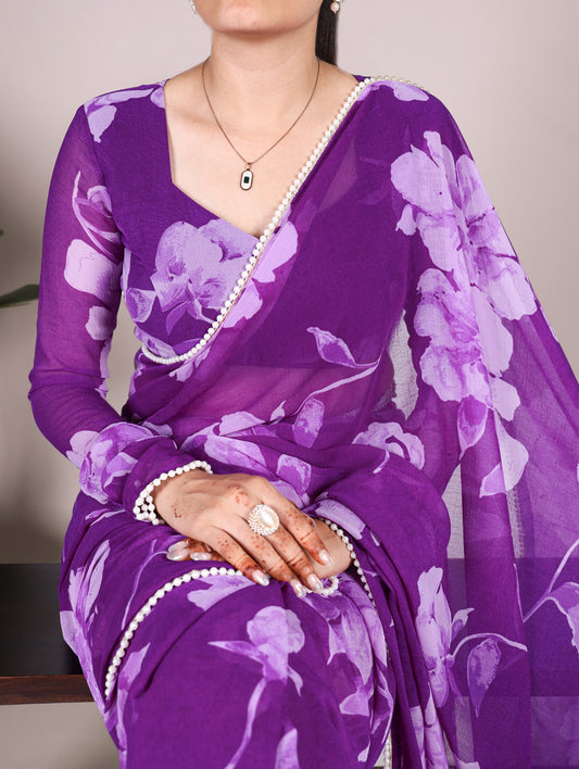 Purple Color Floral Printed Pearl Lace Border Chiffon Saree