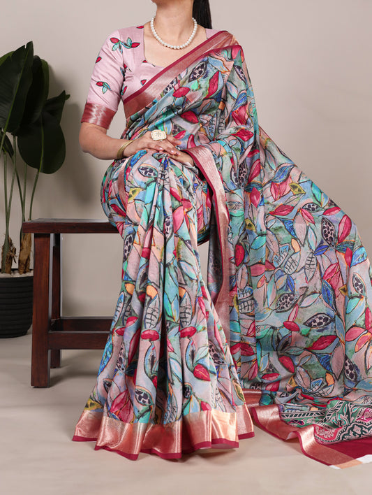 Crimson Color Printed Tussar Silk With Viscose Border Saree