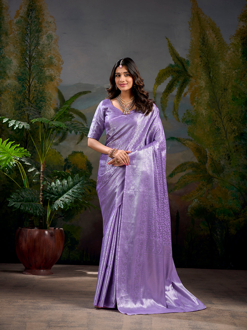 Lavender Color Zari Weaving Work With Kanjivaram Saree