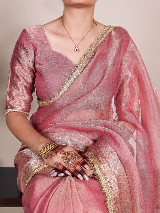 Light Pink Color Zari Weaving Work With Sequins Border Tissue Shimmer Saree