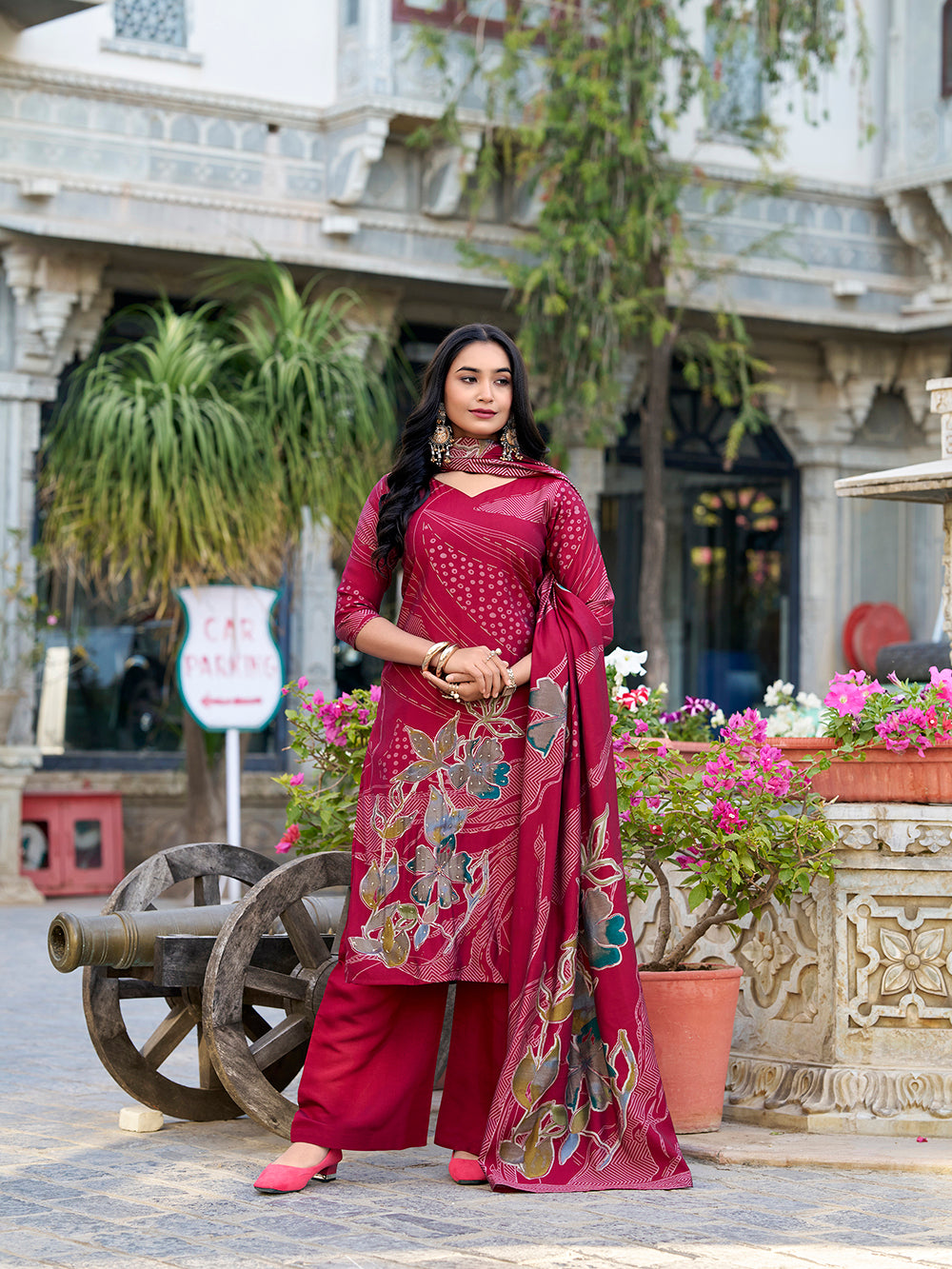 Maroon Color Floral Print With Beets Handwork Roman Silk Salwar Suit