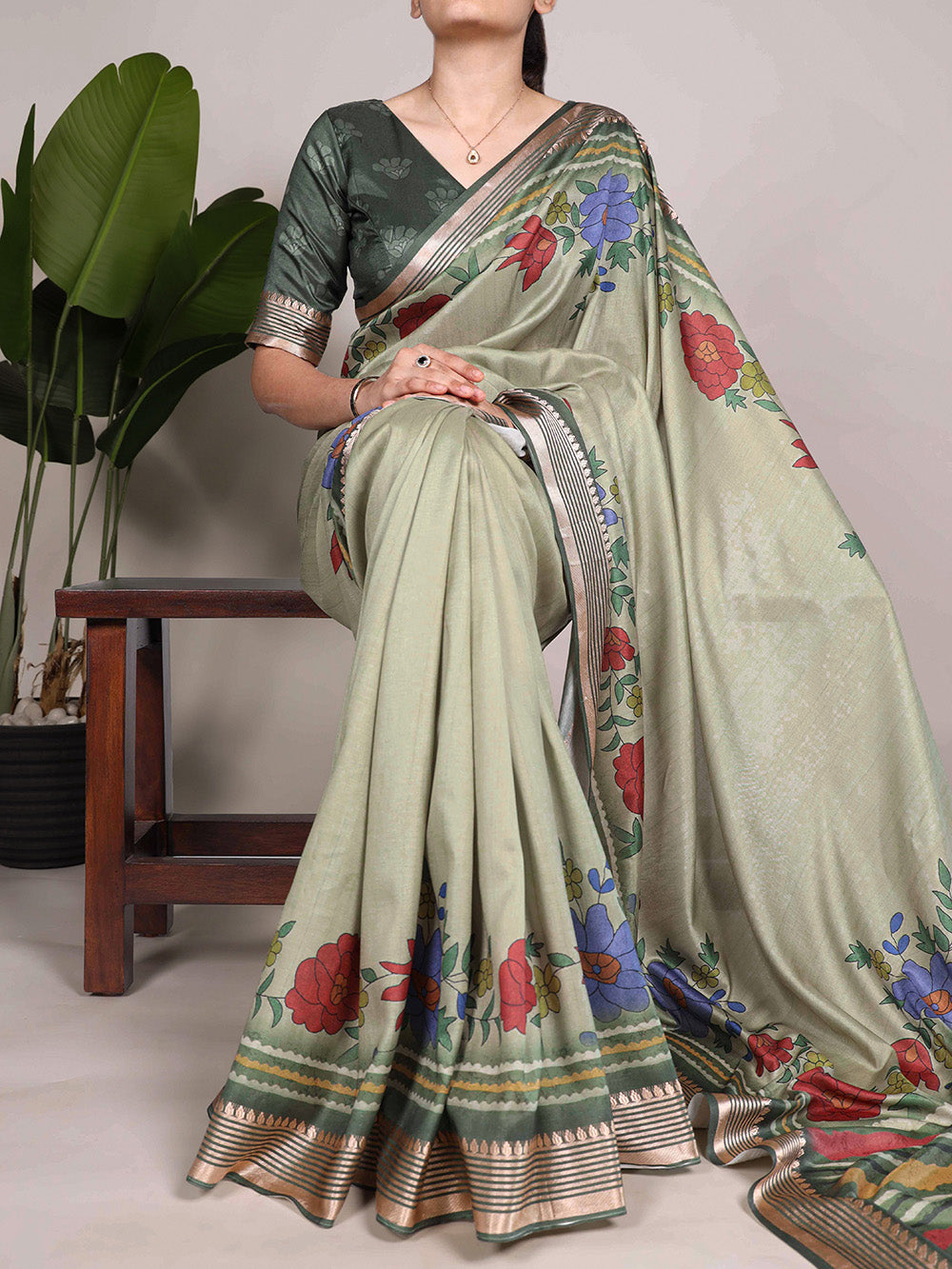 Mehandi Color Printed Tussar Silk With Viscose Border Saree