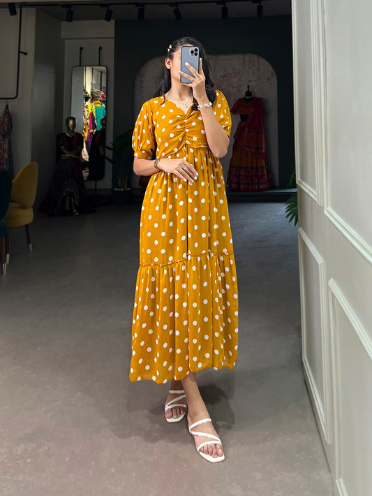 Mustard Color Polka Dot Print Georgette Party Wear Dress