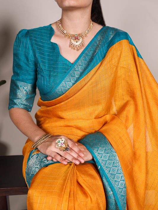 Mustard Color Patola Print With Weaving Work Tussar Chex Saree