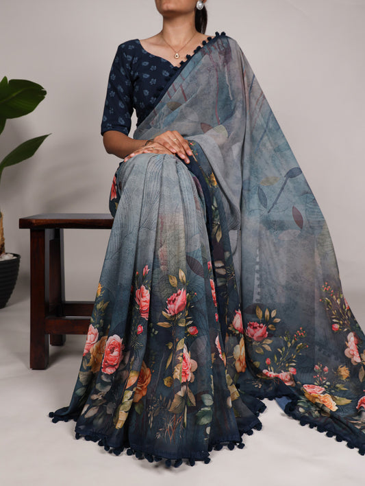 Navy Blue Color Floral Print With Georgette Stylist Saree