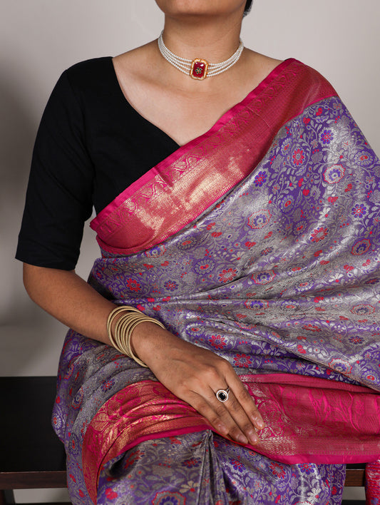 Lavender Color Zari Weaving Work Jacquard Silk Saree